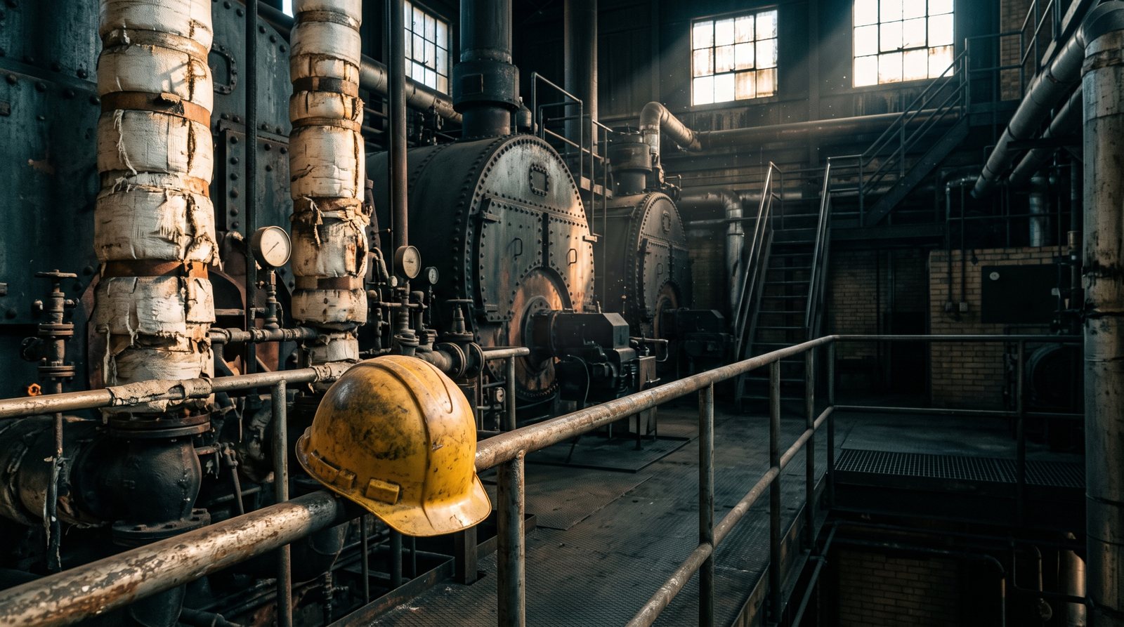 Industrial boiler room with insulated steam pipes and a worker's hard hat resting on a rail