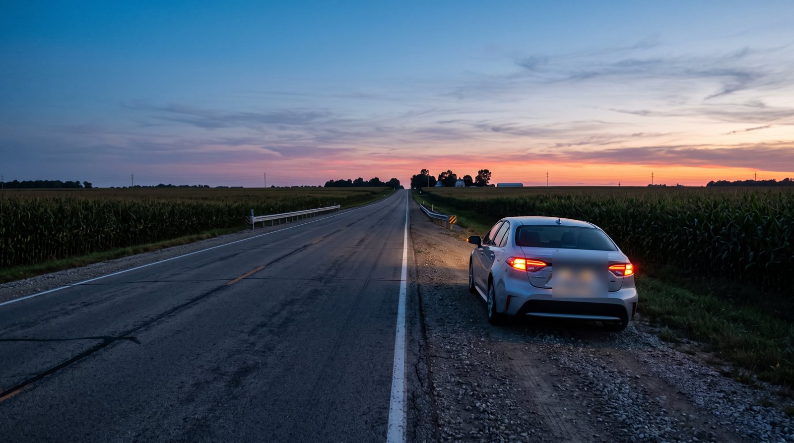 Two-lane Illinois highway at dusk with a car pulled onto the shoulder and hazard lights on