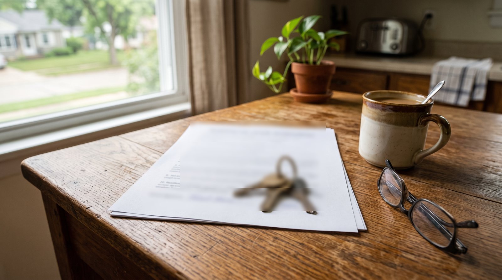 House keys resting on a signed lease on a kitchen table
