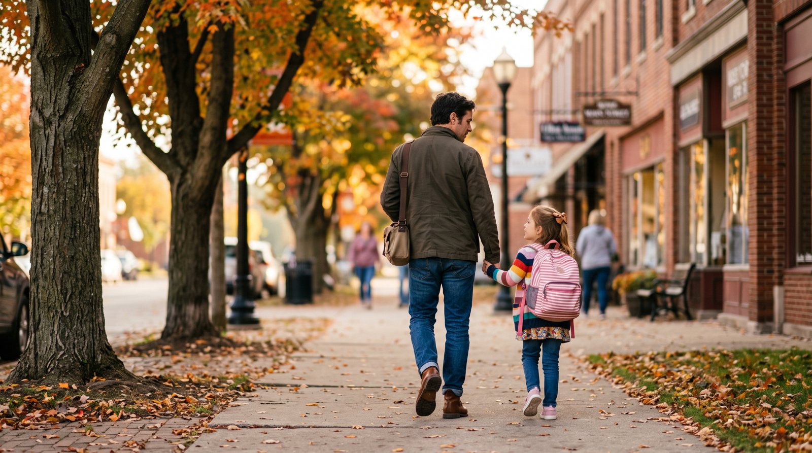 Father walking hand in hand with his young daughter on a small-town sidewalk in the morning