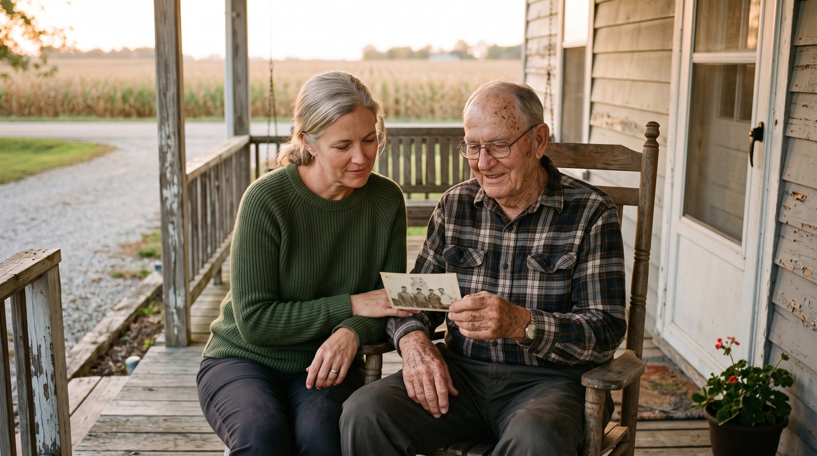 Adult daughter and elderly father looking at an old work photograph on a farmhouse porch