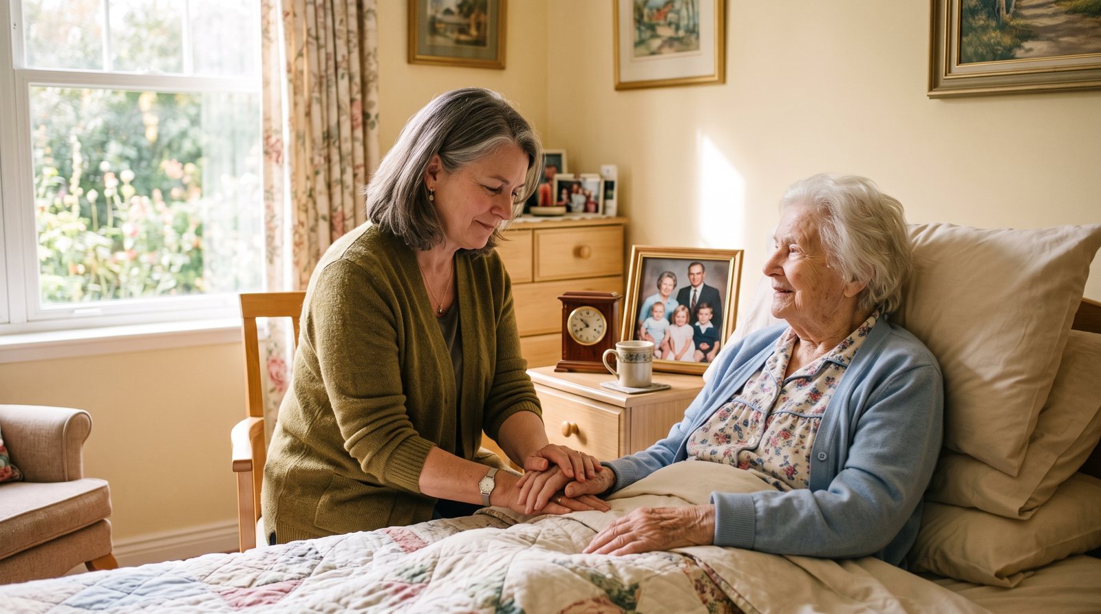 Adult daughter holding her elderly mother's hand in a sunlit nursing home room