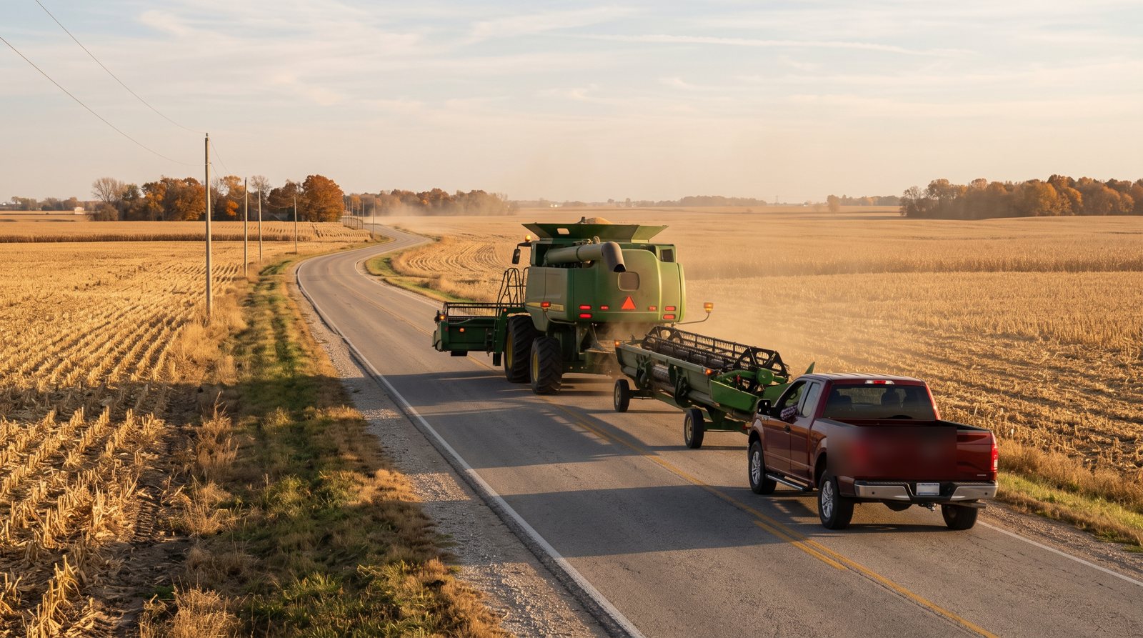Combine harvester moving along a two-lane rural Illinois road at harvest with a pickup following behind
