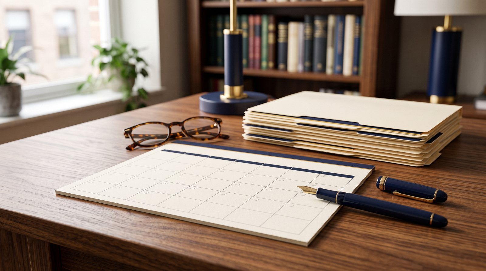 Close-up of a paper desk calendar, fountain pen, and reading glasses on a wooden desk