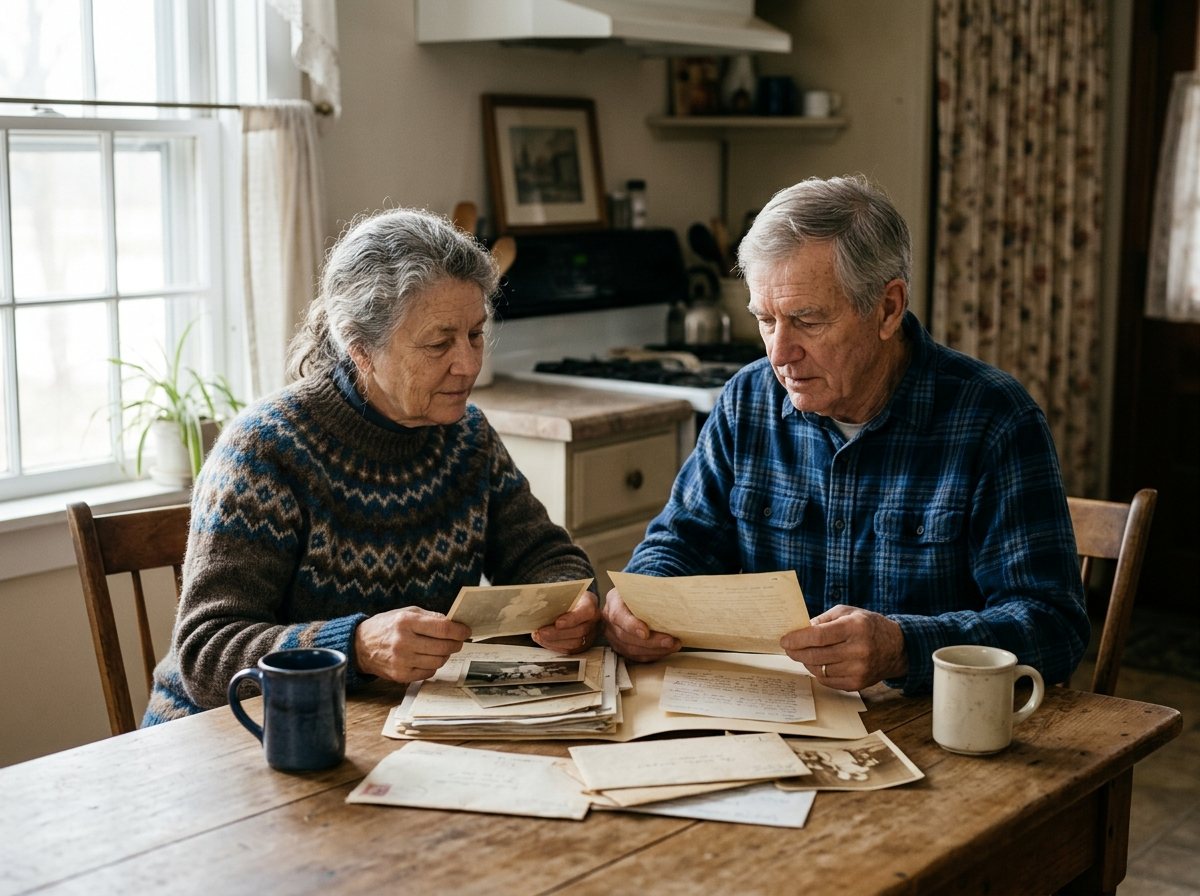 Older couple reviewing old paperwork and photographs together at a kitchen table